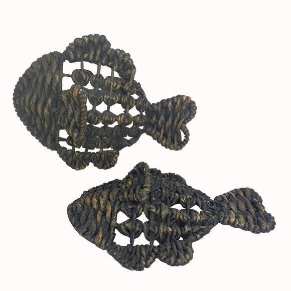 Woven Wicker Rattan Fish Shaped Hanging Wall Decor Set Of 2 Dark Gray - Picture 1 of 5